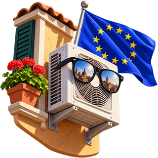 An air conditioner in sunglasses, mounted on a shuttered Mediterranean balcony beside an EU flag